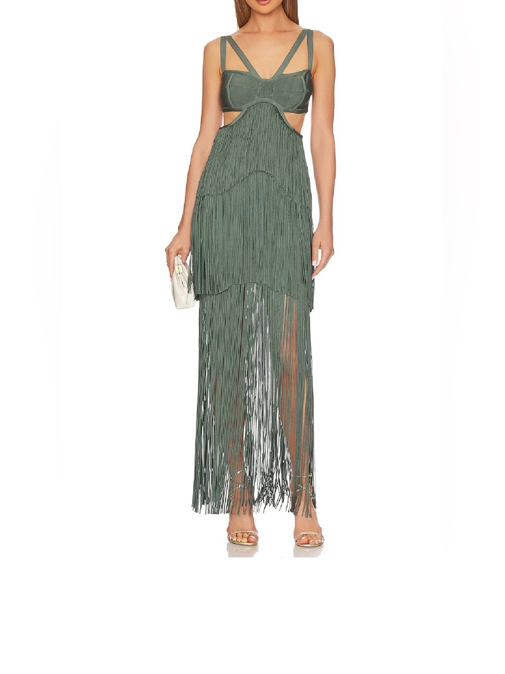 Herve Leger Strappy Tiered Fringe Gown $2,590 Size S NWT